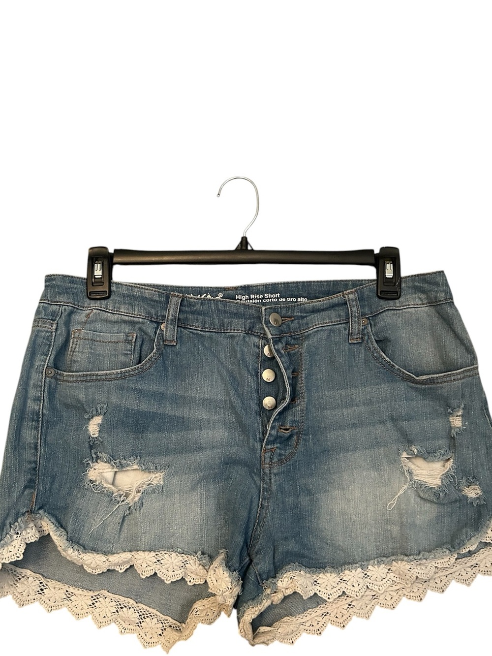 High-Rise Distressed Denim Shorts with Lace Hem - Blue size 16/33